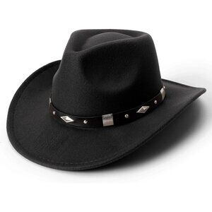 Women's Black Western Studded Leather Band Classic Brim Fedora Felt Cowboy Hat